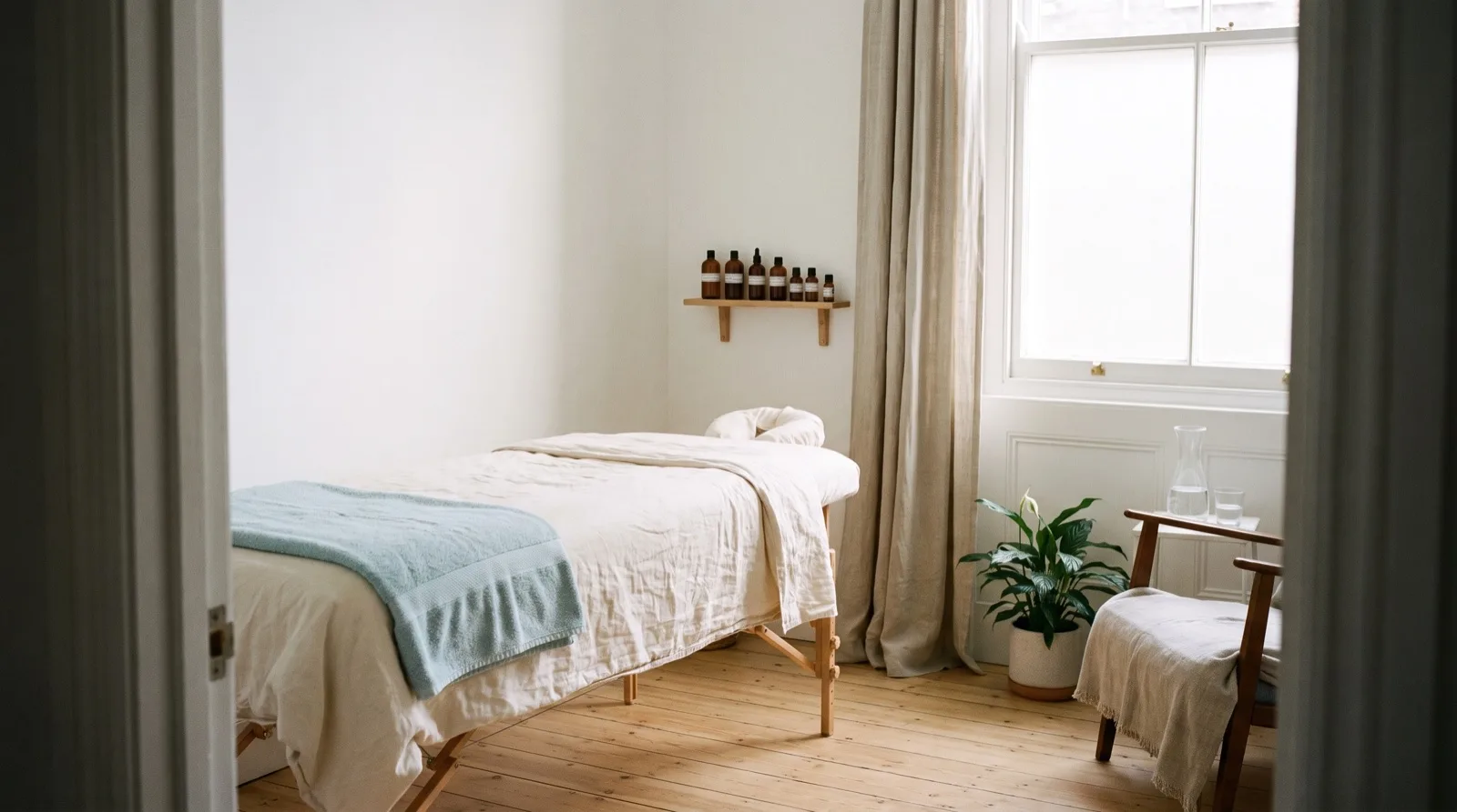 Kleiner Behandlungsraum mit Massageliege, Leinentüchern und Tageslicht am Fenster